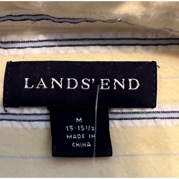 Land's End men's yellow short sleeve button front shirt size M , blue stripes, - Picture 6 of 7